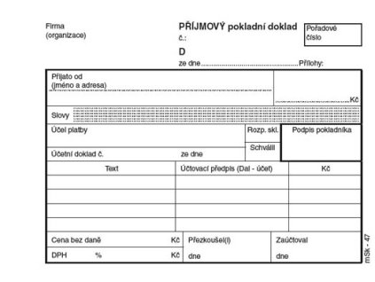 MSK 47 příjmový pokladní doklad číslovaný + stvrzenka 2 x 50 listů NCR A6, samopropisující