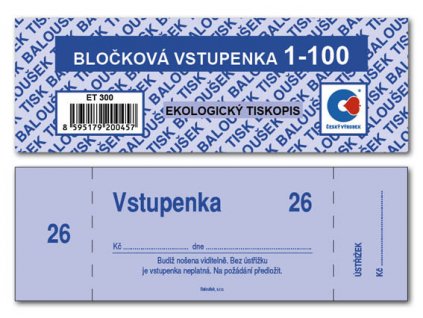 Baloušek bločkové vstupenky - 133 x 39 mm / 1-100 / 4 odstíny barev / ET300, nepropisující