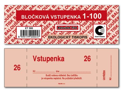 Bločkové vstupenky Baloušek 133 x 39 mm / 1-100 / 4 odstíny barev / ET300, nepropisující