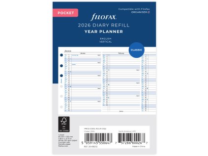 Filofax, Plánovací Kalendář 2026 kapesní, vertikální, AJ