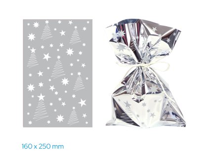 Vánoční celofánový sáček - stříbrné stroměčky / 16 x 25 cm