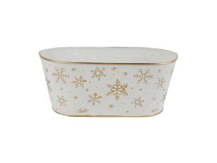 Květináč plechový 255x140x140mm oválný vločka, bílá, zlatá