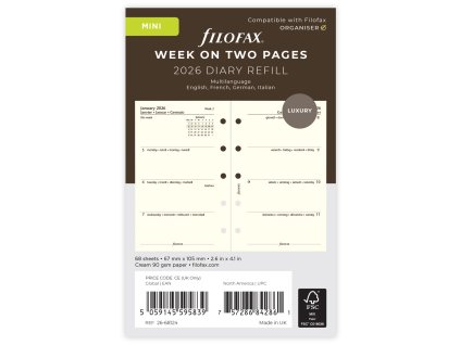 Filofax, Kalendář 2026 mini, týden/2 strany, krémová, 4 jazyky