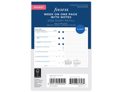 Filofax, Kalendář 2026 kapesní, týden/1 strana, pozn, 4 jazyky