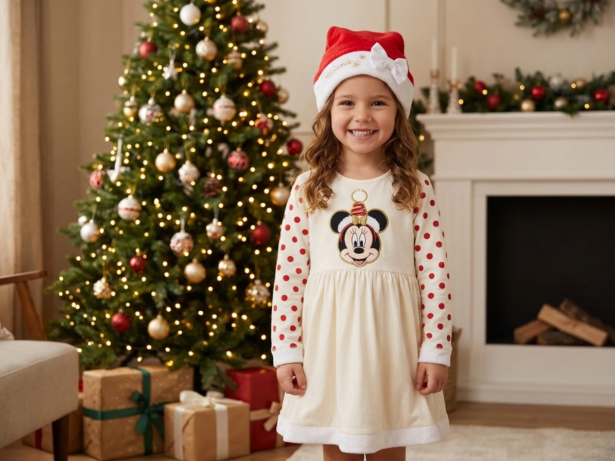 Sada šaty a čepice Minnie Mouse Vánoce krémová