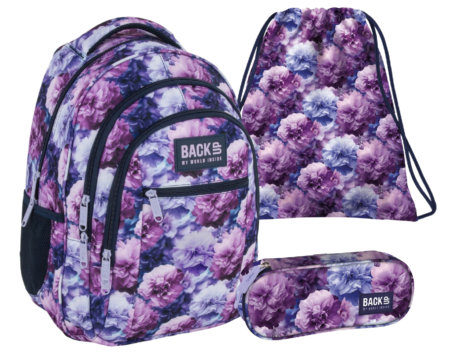Zvýhodněný školní set BackUP Violet Flowers 3v1 – batoh, penál a vak
