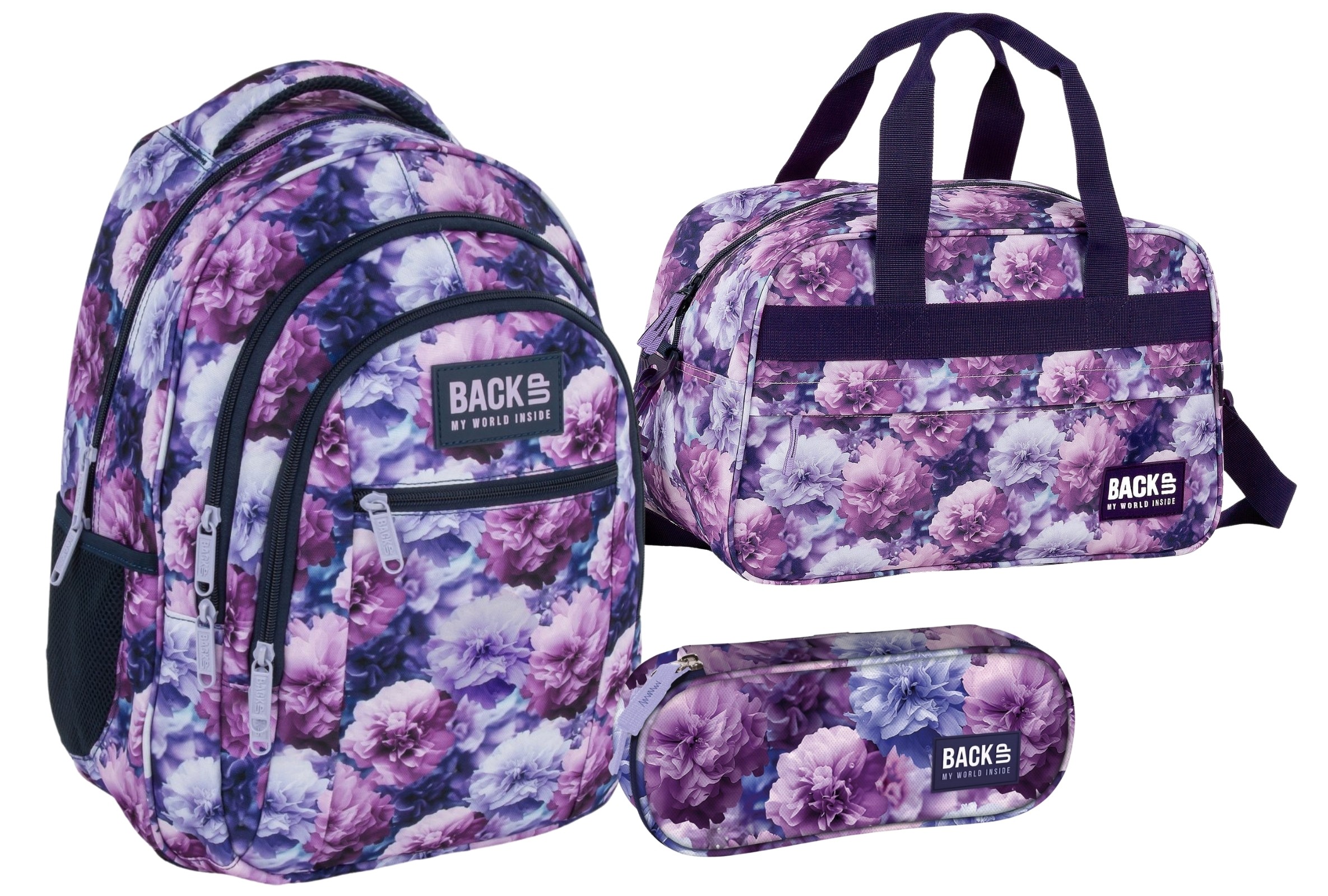 Zvýhodněný set BackUP Violet Bloom 3v1 – školní batoh, penál a sportovní taška