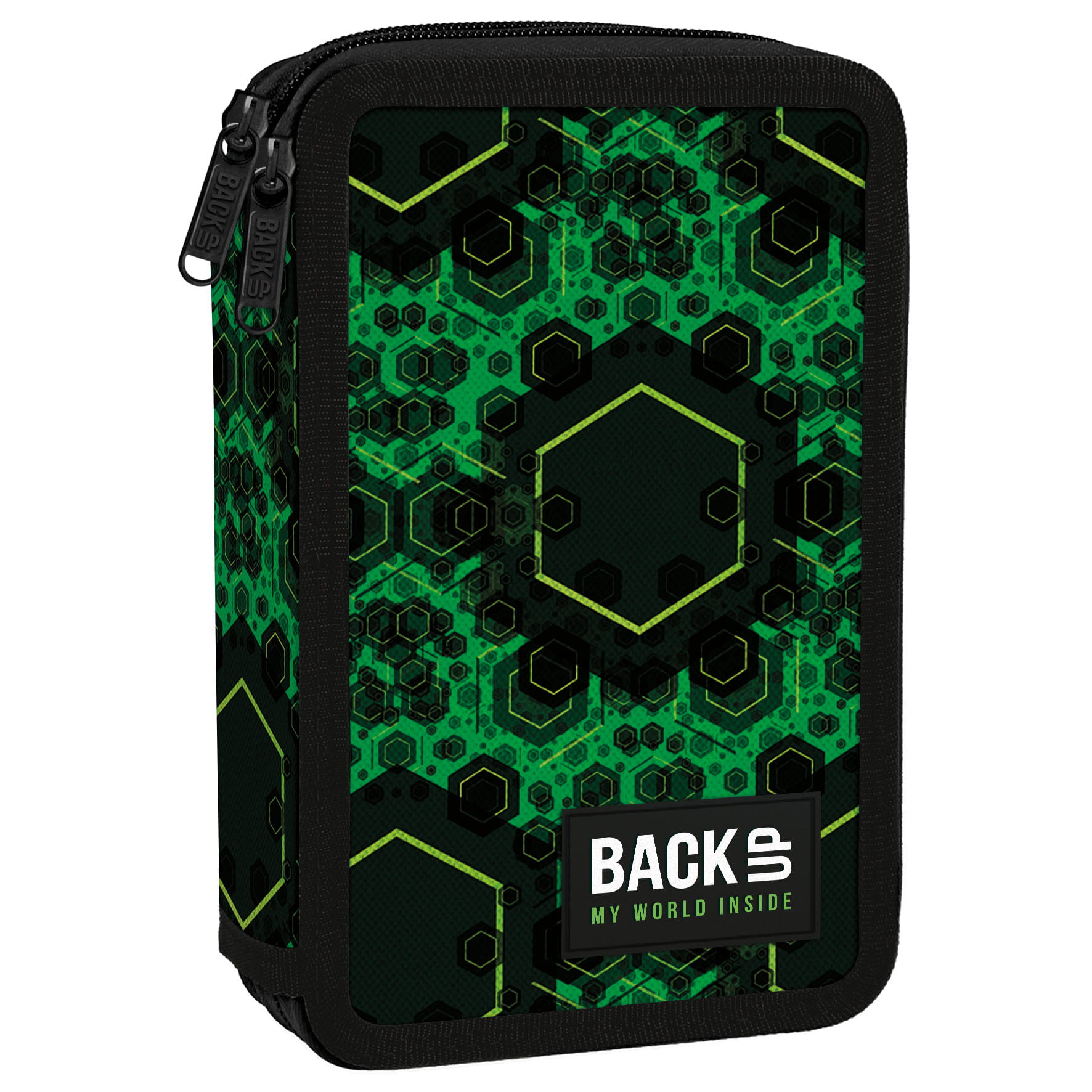 Dvoukomorový penál s vybavením BackUP - Zelené hexagony