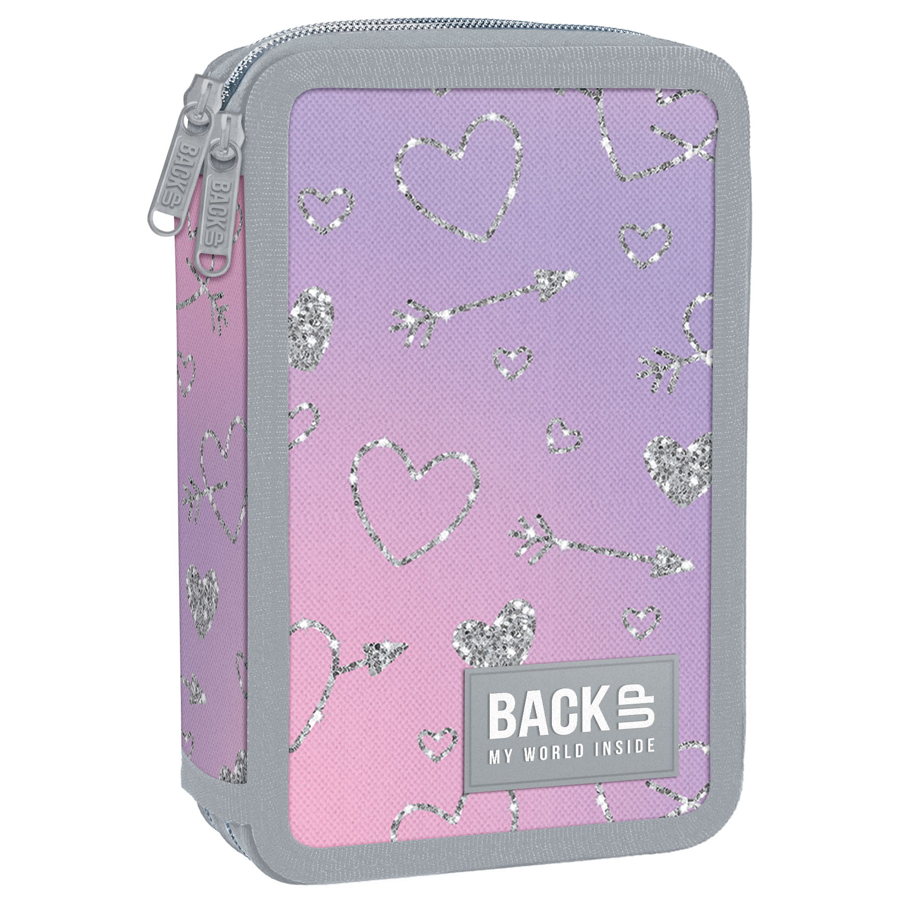 Dvoukomorový penál s vybavením BackUP - Třpytivá srdíčka