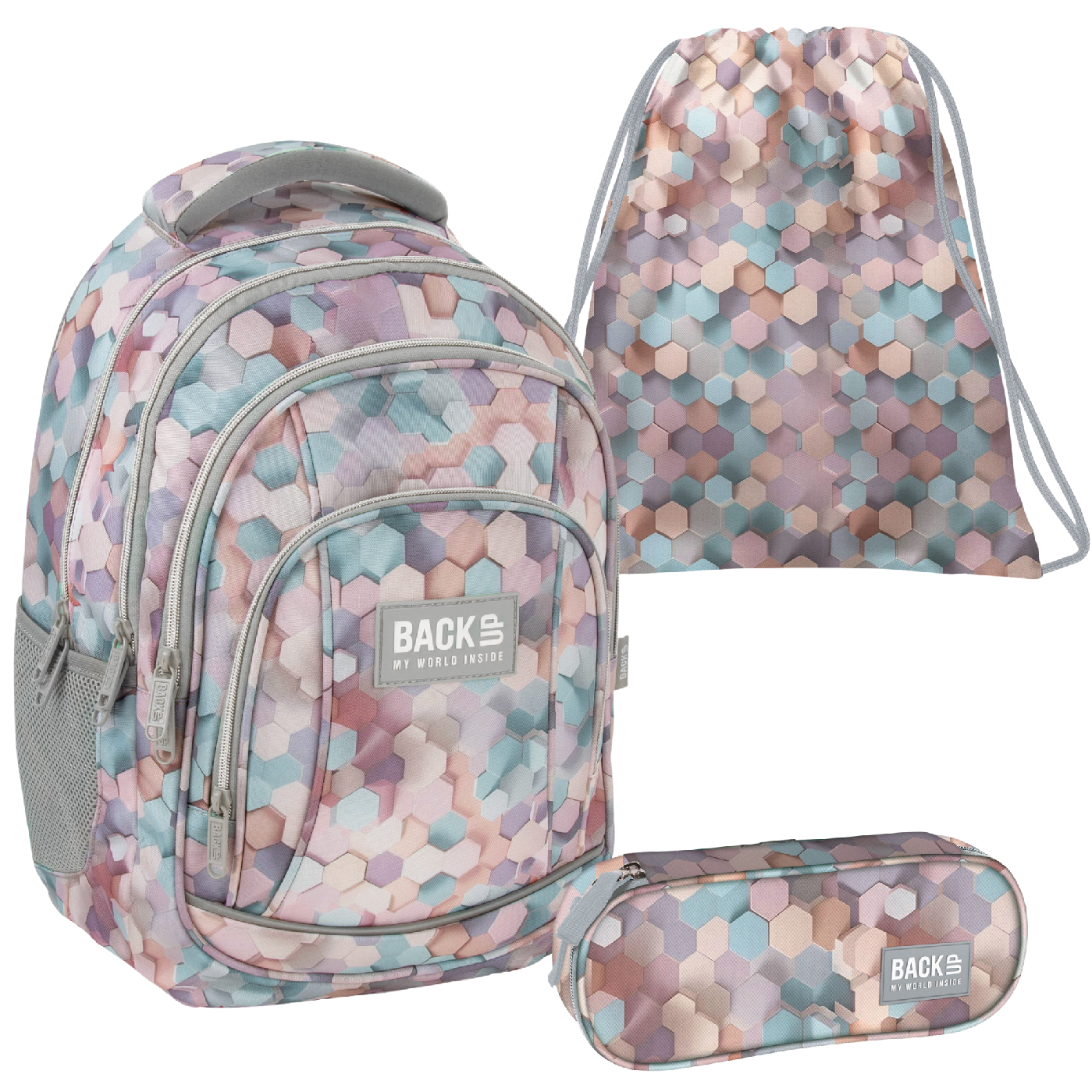 Zvýhodněný školní set BackUP Geometric Beige 3v1 – batoh, penál a vak