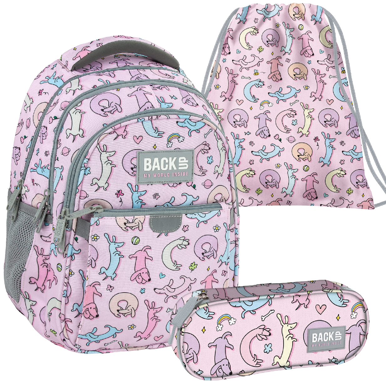 Zvýhodněný školní set BackUP Cute Dogs 3v1 – batoh 24 l, penál a vak