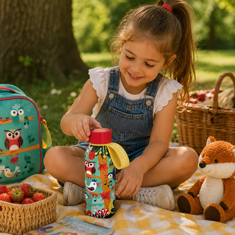 Nerezová termoláhev Quokka Kids Solid Ptáci s poutkem – 330 ml