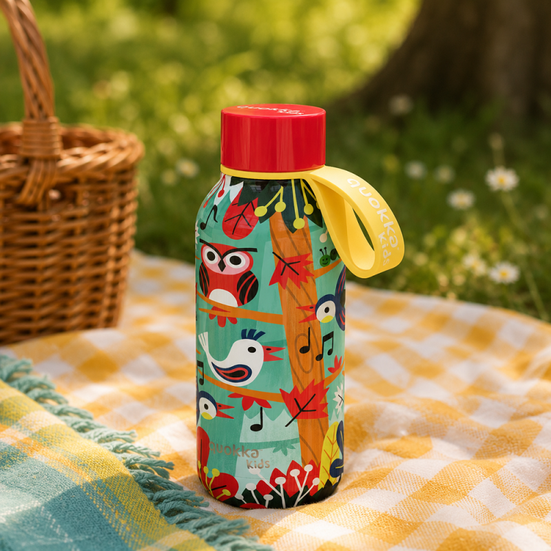 Nerezová termoláhev Quokka Kids Solid Ptáci s poutkem – 330 ml