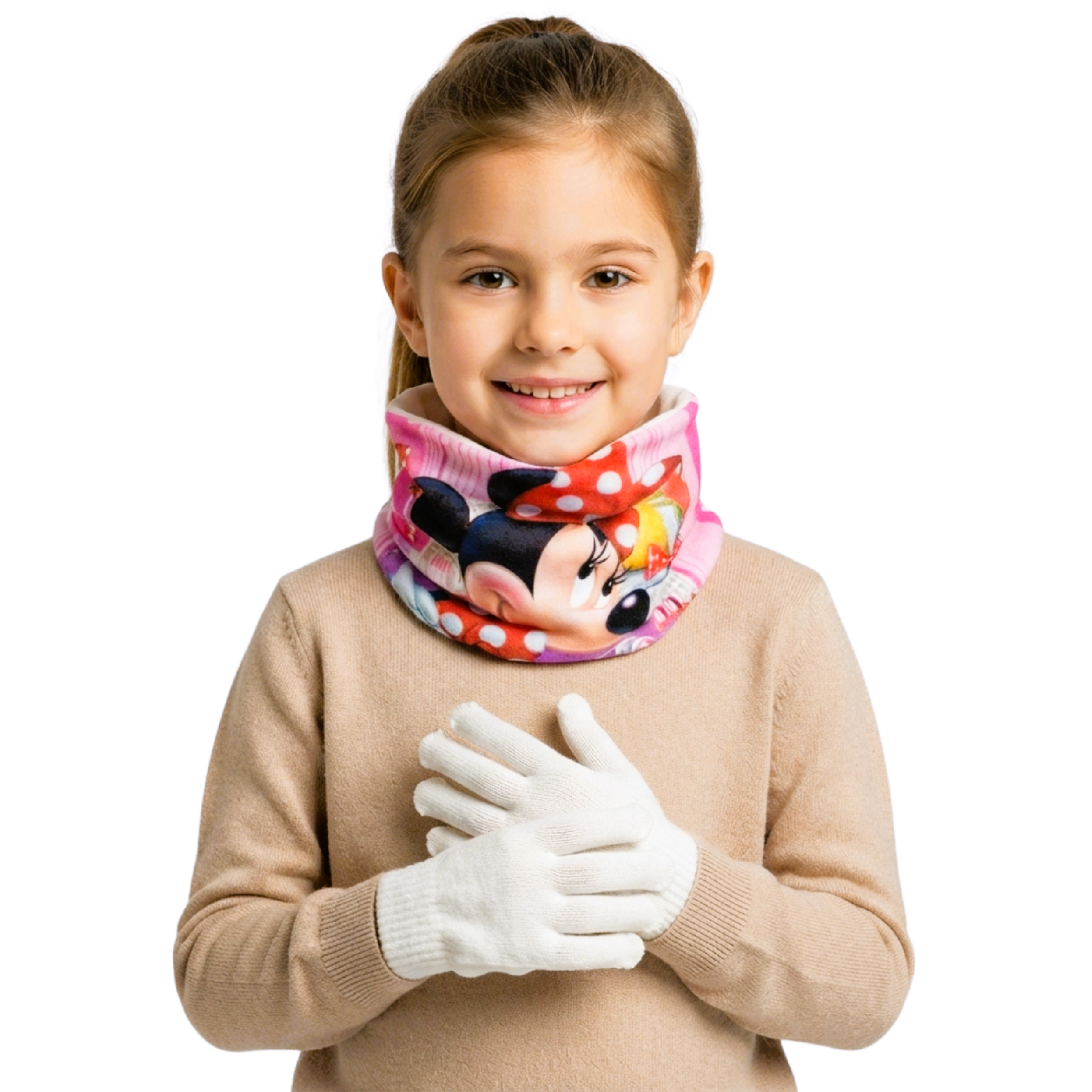 Sada nákrčník a rukavice Minnie Mouse krémová – cca 3–8 let