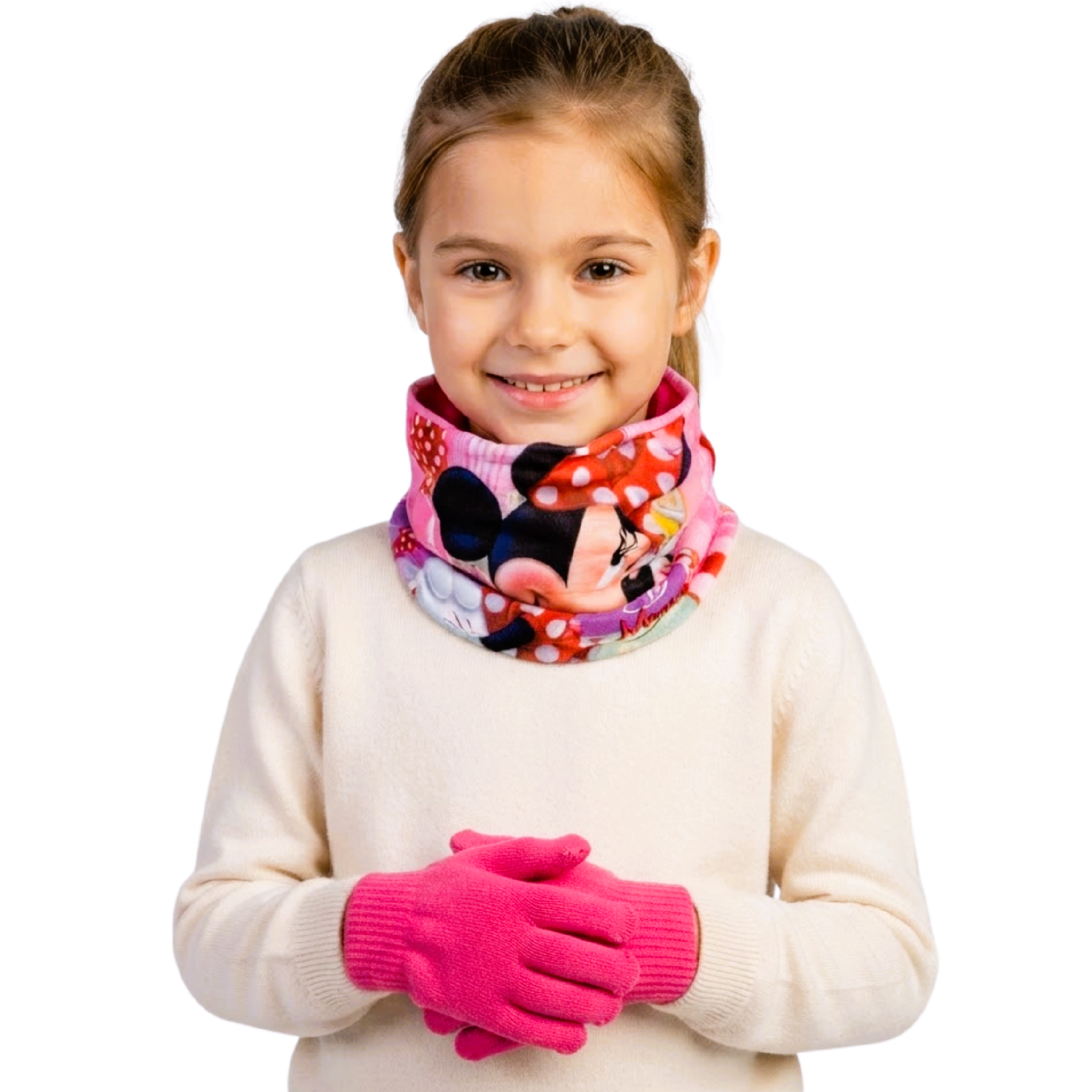 Sada nákrčník a rukavice Minnie Mouse malinová – cca 3–8 let