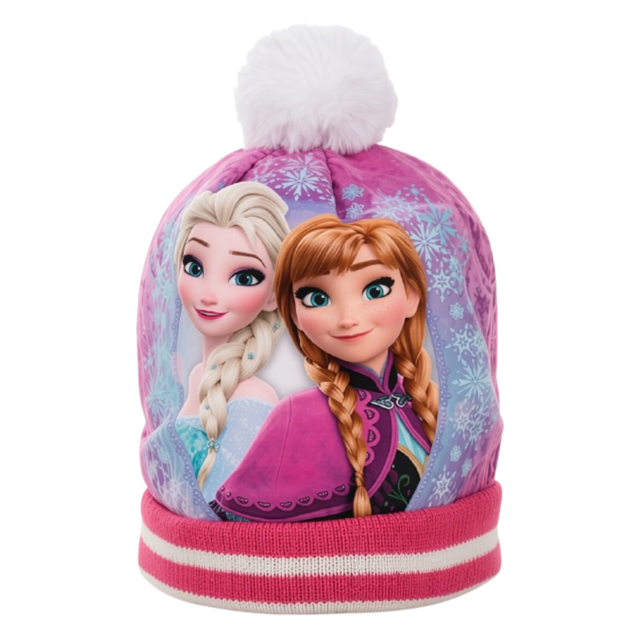 Zimní kulich Frozen Elsa a Anna s bambulí tmavě-růžový