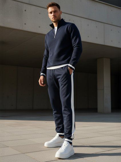 TMAVĚ MODRÉ PÁNSKÉ TEPLÁKY S BÍLÝM PRUHEM (Velikost M)