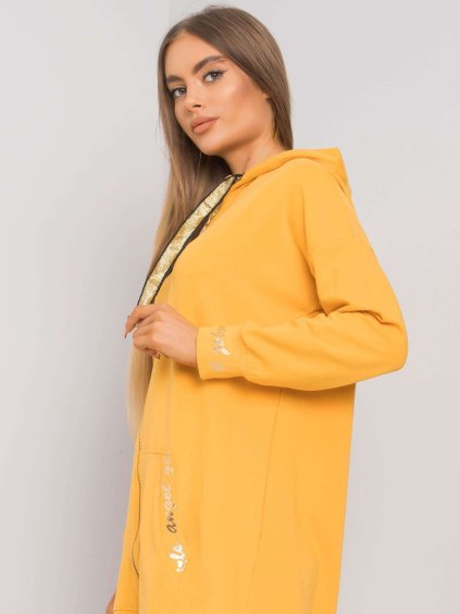 ŽLUTÁ DLOUHÁ MIKINA NA ZIP S KAPUCÍ A NÁPISY