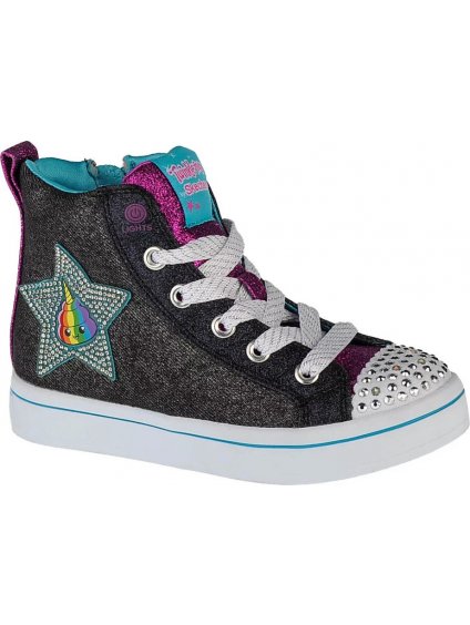 ČERNÉ DÍVČÍ SVÍTÍCÍ BOTY SKECHERS TWI-LITES PATCH CUTIES