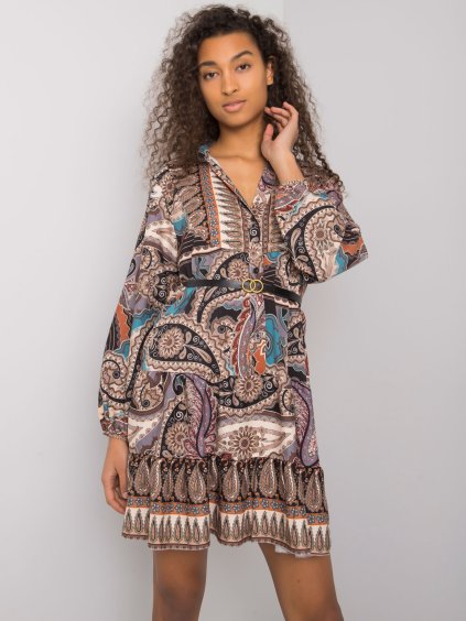 HNĚDO-MODRÉ VZOROVANÉ ETNO ŠATY MILAH (Velikost ONE SIZE)