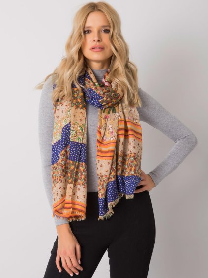 MODRO-BÉŽOVÝ ŠÁTEK S BAREVNÝMI VZORY (Velikost ONE SIZE)