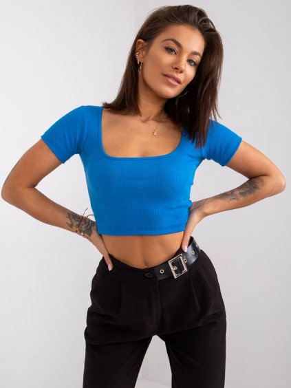 MODRÝ DÁMSKÝ CROP TOP S KRÁTKÝMI RUKÁVY