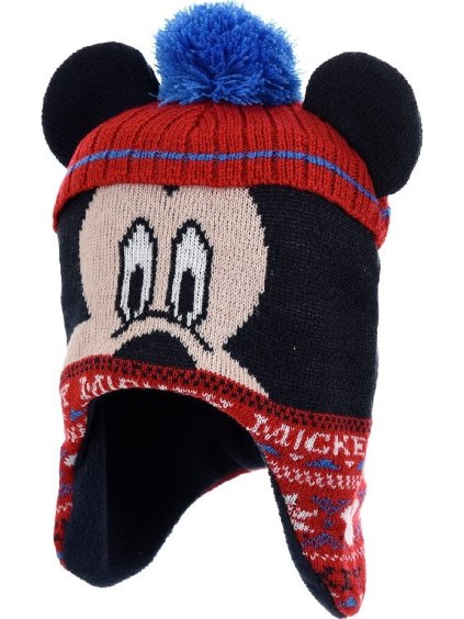 ČERNO-ČERVENÁ ZIMNÍ ČEPICE VE TVARU MICKEY MOUSE