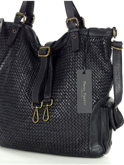 MARCO MAZZINI ČERNÁ KOŽENÁ SHOPPER KABELKA S PLETENÝM VZOREM