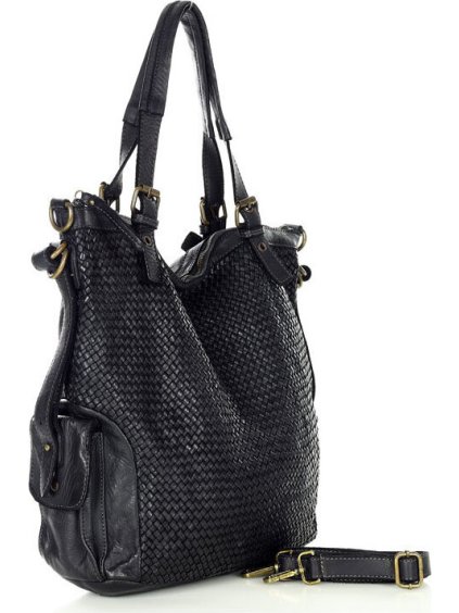 MARCO MAZZINI ČERNÁ KOŽENÁ SHOPPER KABELKA S PLETENÝM VZOREM