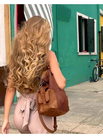MARCO MAZZINI HNĚDÁ KOŽENÁ SHOPPER KABELKA S PLETENÝM VZOREM
