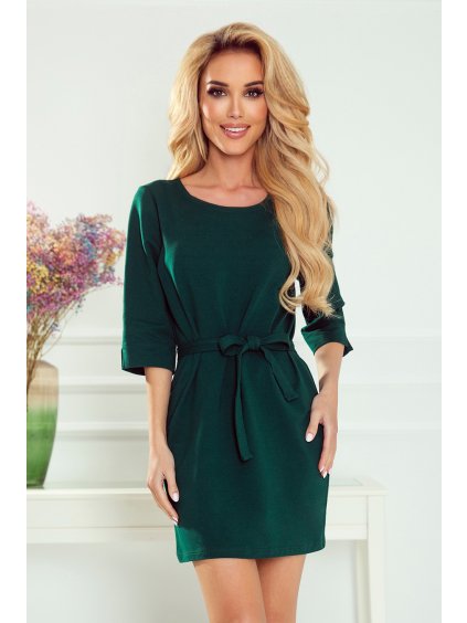 ZELENÉ ŠATY S PÁSKEM A KULATÝM VÝSTŘIHEM GRETA (Velikost S)