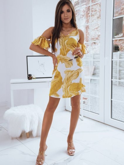 ŽLUTO-BÍLÉ DÁMSKÉ VZOROVANÉ ŠATY (Velikost 36)