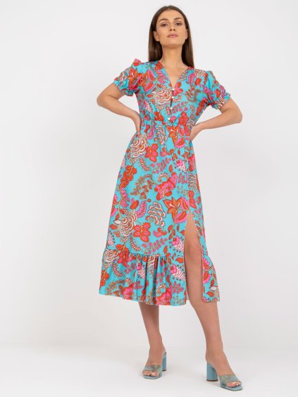 MODRO-RŮŽOVÉ VZOROVANÉ MIDI ŠATY S ROZPARKEM (Velikost ONE SIZE)