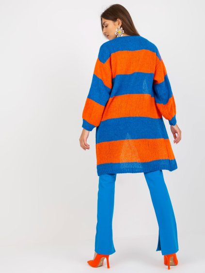 DELŠÍ VOLNÝ PLETENÝ KARDIGAN - MODRÁ-ORANŽOVÁ (Velikost ONE SIZE)
