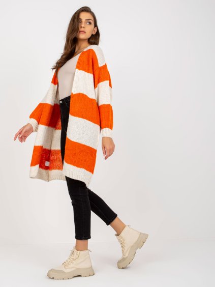DELŠÍ VOLNÝ PLETENÝ KARDIGAN - ORANŽOVÁ-SMETANOVÁ (Velikost ONE SIZE)