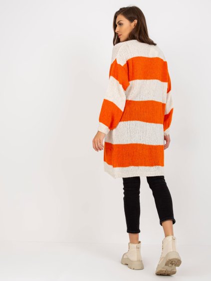 DELŠÍ VOLNÝ PLETENÝ KARDIGAN - ORANŽOVÁ-SMETANOVÁ (Velikost ONE SIZE)