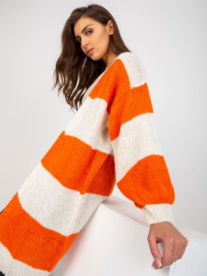 DELŠÍ VOLNÝ PLETENÝ KARDIGAN - ORANŽOVÁ-SMETANOVÁ (Velikost ONE SIZE)