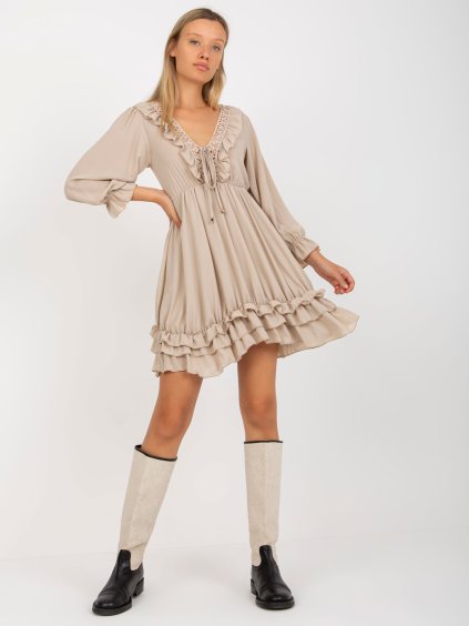 BÉŽOVÉ MINIŠATY S VOLÁNEM V BOHO STYLU (Velikost XL)