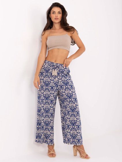 TMAVĚ MODRÉ VZOROVANÉ LÁTKOVÉ KALHOTY (Velikost S)