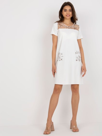 SMETANOVÉ MINI ŠATY S KVĚTINOVOU APLIKACÍ (Velikost 36)