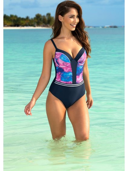 TMAVĚ MODRÉ JEDNODÍLNÉ PLAVKY S BAREVNÝM VZOREM DORIS (Velikost 70E/S)