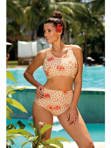 BÉŽOVÉ BIKINY S ORANŽOVÝMI KVĚTINAMI ASANI (Velikost 36)