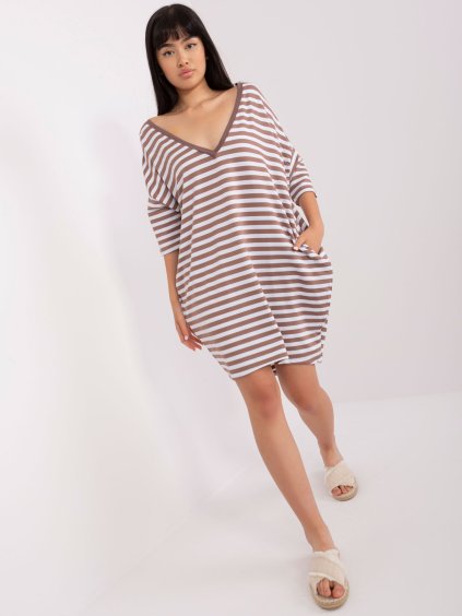 BÍLO-HNĚDÉ VOLNÉ ŠATY S V VÝSTŘIHEM (Velikost ONE SIZE)