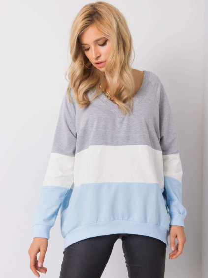 (VEL. L/XL) DÁMSKÁ ŠEDO-BÍLO-MODRÁ MIKINA S VÝSTŘIHEM DO V