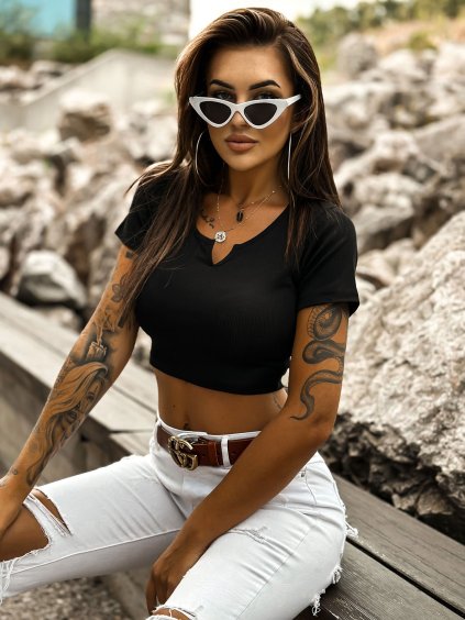 ČERNÝ ŽEBROVANÝ BAVLNĚNÝ CROP TOP