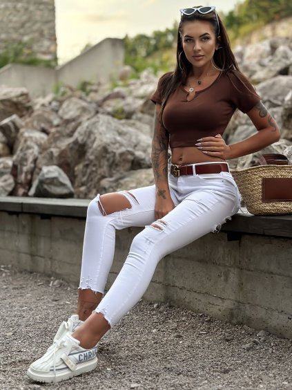 HNĚDÝ ŽEBROVANÝ BAVLNĚNÝ CROP TOP