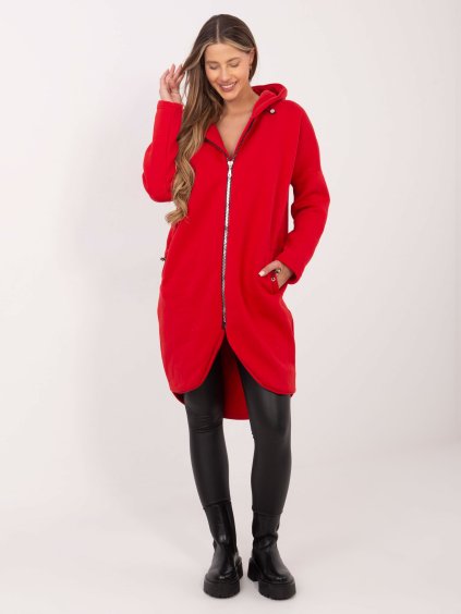 DÁMSKÁ DLOUHÁ ČERVENÁ MIKINA S KAPUCÍ (Velikost L/XL)