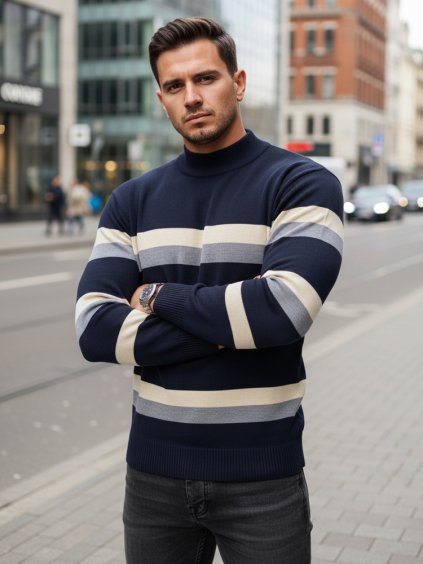 PÁNSKÝ SVETR S ROLÁKEM - TMAVĚ MODRÁ/ŠEDÁ/BÍLÁ (Velikost M/L)