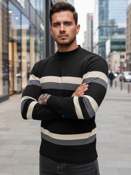 PRUHOVANÝ PÁNSKÝ SVETR S ROLÁKEM- ČERNÁ/ŠEDÁ/BÍLÁ (Velikost M/L)