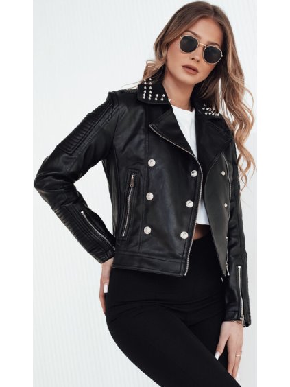 ČERNÁ KOŽENKOVÁ BUNDA S HROTY A OZDOBNÝMI KNOFLÍKY TRUCCO